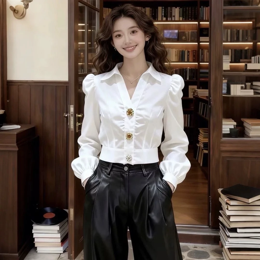 Women Formal Office Wear Tops - Элегантная белая блузка с V-образным вырезом