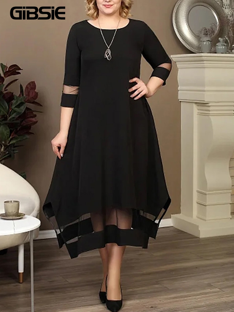 Women Formal Office Wear Tops - Женское трикотажное платье-трапеция GIBSIE, Длинное Черное