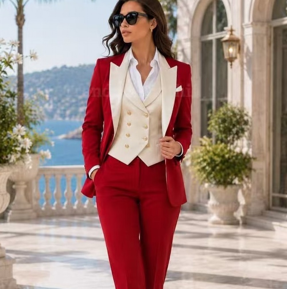 Blazer Set Women Formal - Серо-красный формальный деловой женский костюм для
